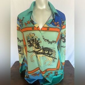 Amberger designer Vibrant Horse Print Blouse in Green and Blue